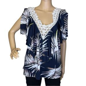 Venus Short Split Sleeve Floral Crochet Lace Deep Vneck Blouse Blue Cream Large